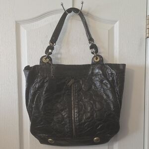 Cynthia Rowley Black Patent Leather Tote Bag with Front Zip Pocket